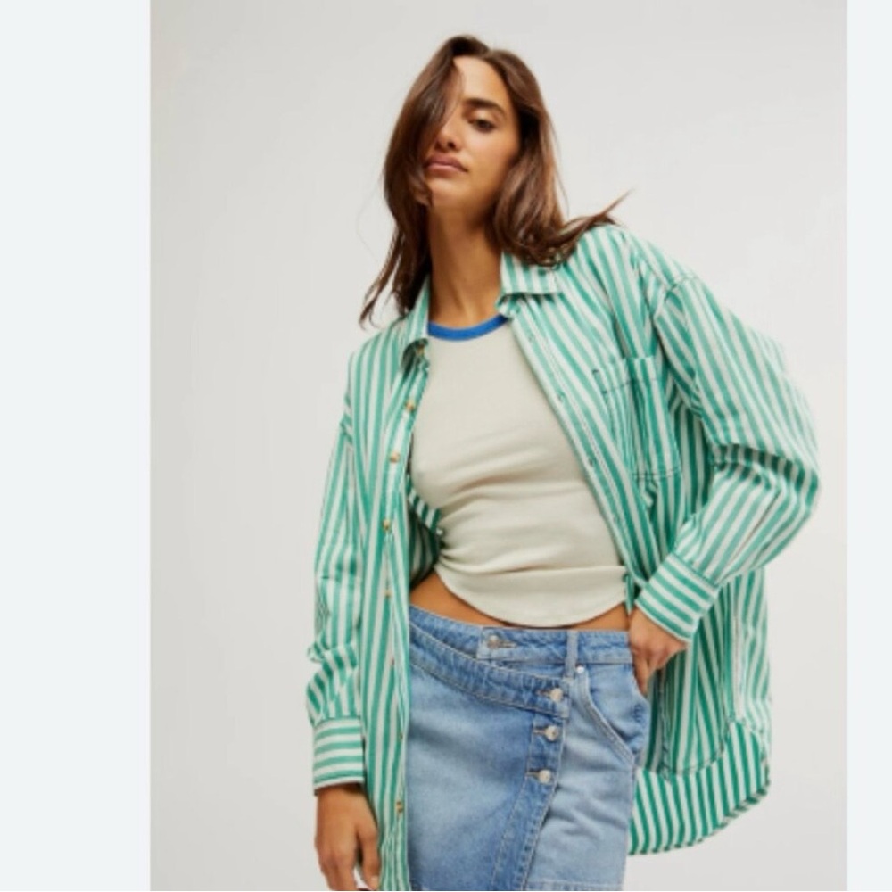 Free People Green & White Vertical Stripe Button-Down